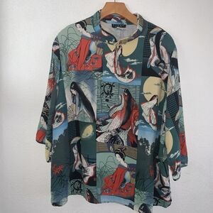 CITRON Silk Kimono Style Blouse Top Geisha Print Green